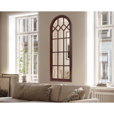 Walnut Brown Arched Wood Framed Windowpane Wall Mirror