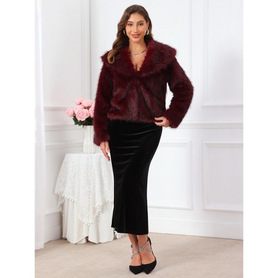 INSPIRE CHIC Women's Long Sleeve Lapel Collar Evening Cocktail Fluffy Shaggy Faux Fur Jacket Medium Burgundy — фото 3