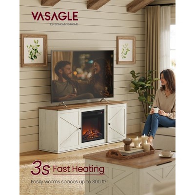 65" Farmhouse Fireplace TV Stand - 18" Electric Fireplace with Remote, Adjustable Shelves & Barn Doors, Rustic White and Honey Brown