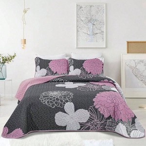 Grey Floral Queen Bed Quilts Set, 3 Pieces Pink Quilt, Reversible Microfiber Coverlet, Soft Bedding, 96x90 Inches - 1 of 4