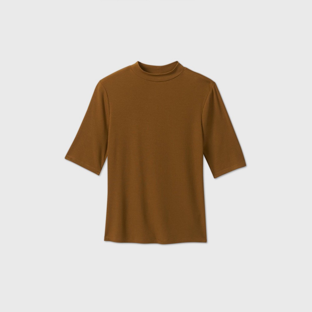 Women's Elbow Sleeve High Neck Rib T-Shirt - A New Day Olive Brown XS