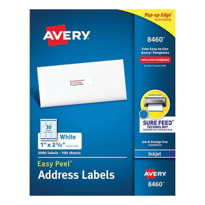 Avery Easy Peel White Address Labels w/ Sure Feed Technology, Inkjet Printers, 1 x 2.63, White, 30/Sheet, 100 Sheets/Box