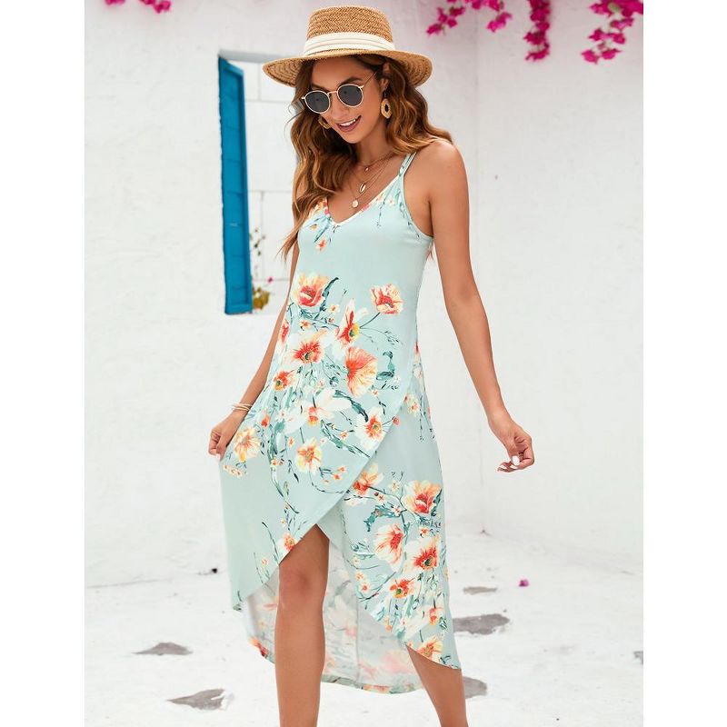WhizMax Women 2024 Summer Adjustable V Neck Wrap Floral Dress with Irregular Hemline Sleeveless Spaghetti Strap Midi Dress, 2 of 6