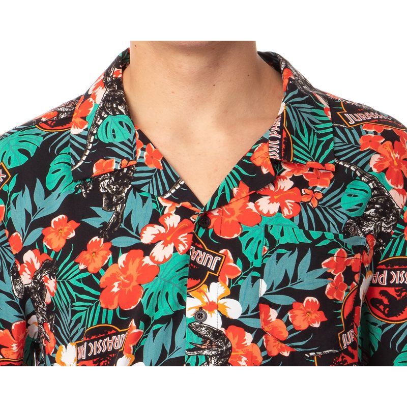 Jurassic Park Men's Velociraptor Dinosaur Floral Hawaiian Button Up Shirt Adult, 5 of 6