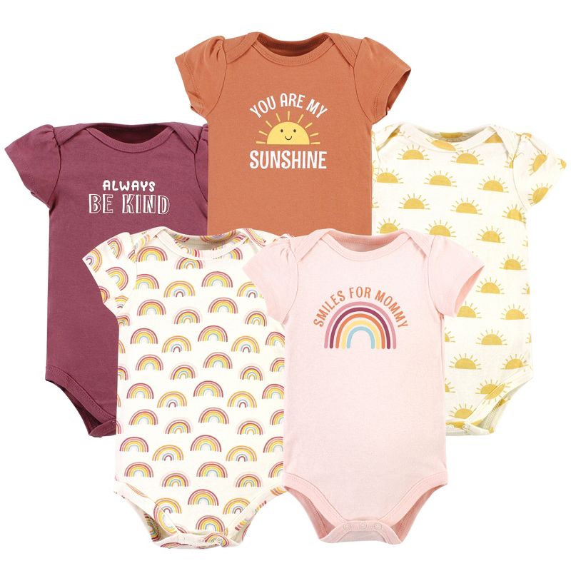 Hudson Baby Infant Girl Cotton Bodysuits, Sunshine Rainbows 5 Pack, 1 of 8