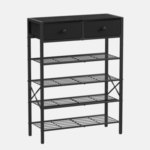 WOWLIVE 5-Tier Shoe Rack Black Metal with Wood Top Shelf and 2 Non-woven Drawers,Rustic Brown Black White - 1 of 4