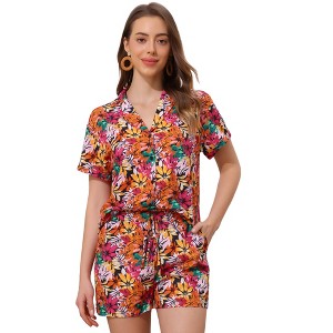 Allegra K Women's Floral Tropical Vacation Beach Hawaiian Button Down Shirt and Short Set - 1 of 4
