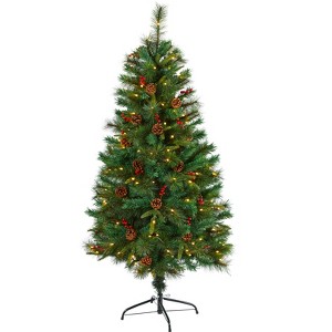 Nearly Natural 5-ft Mixed Pine Artificial Christmas Tree with 150 Clear LED Lights, Pine Cones and Berries - 1 of 4