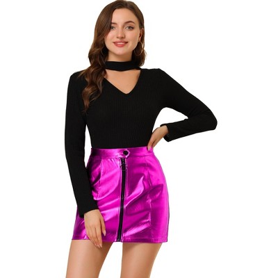 Allegra K Women's High Waist Metallic Shiny Glitter Holographic Zipper Short Mini Skirts