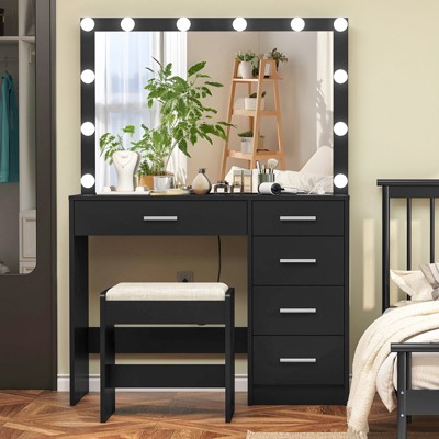 USIKEY Makeup Vanity with 12 Lights, Vanity Desk with Power Outlet, 5 Drawers, Dressing Vanity Table with Stool for Bedroom