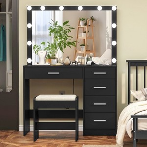 USIKEY Makeup Vanity with 12 Lights, Vanity Desk with Power Outlet, 5 Drawers, Dressing Vanity Table with Stool for Bedroom - 1 of 4