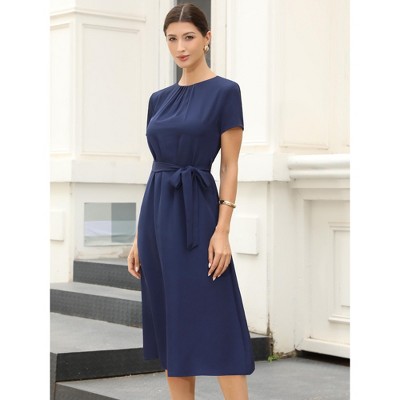Женские платья INSPIRE CHIC Women's Summer Work Pleated Short Sleeve Crew Neck Belted A Line Midi Dresses Small Navy Blue — фото 4