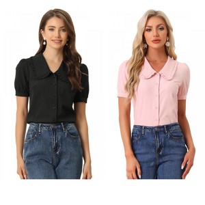 INSPIRE CHIC Women's Peter Pan Collar Puff Short Sleeve Button Cuff Elegant Blouse 2 Packs - 1 of 4