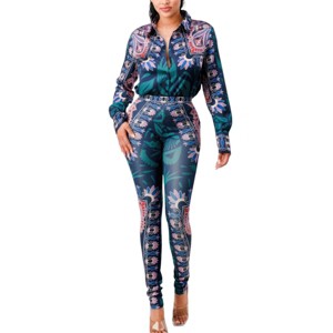 Slickblue Women's Satin Blouse & Leggings Set with Scarf Print, Button Down Top, High Waist Bottoms, Navy/Green, Size S-L - 1 of 4