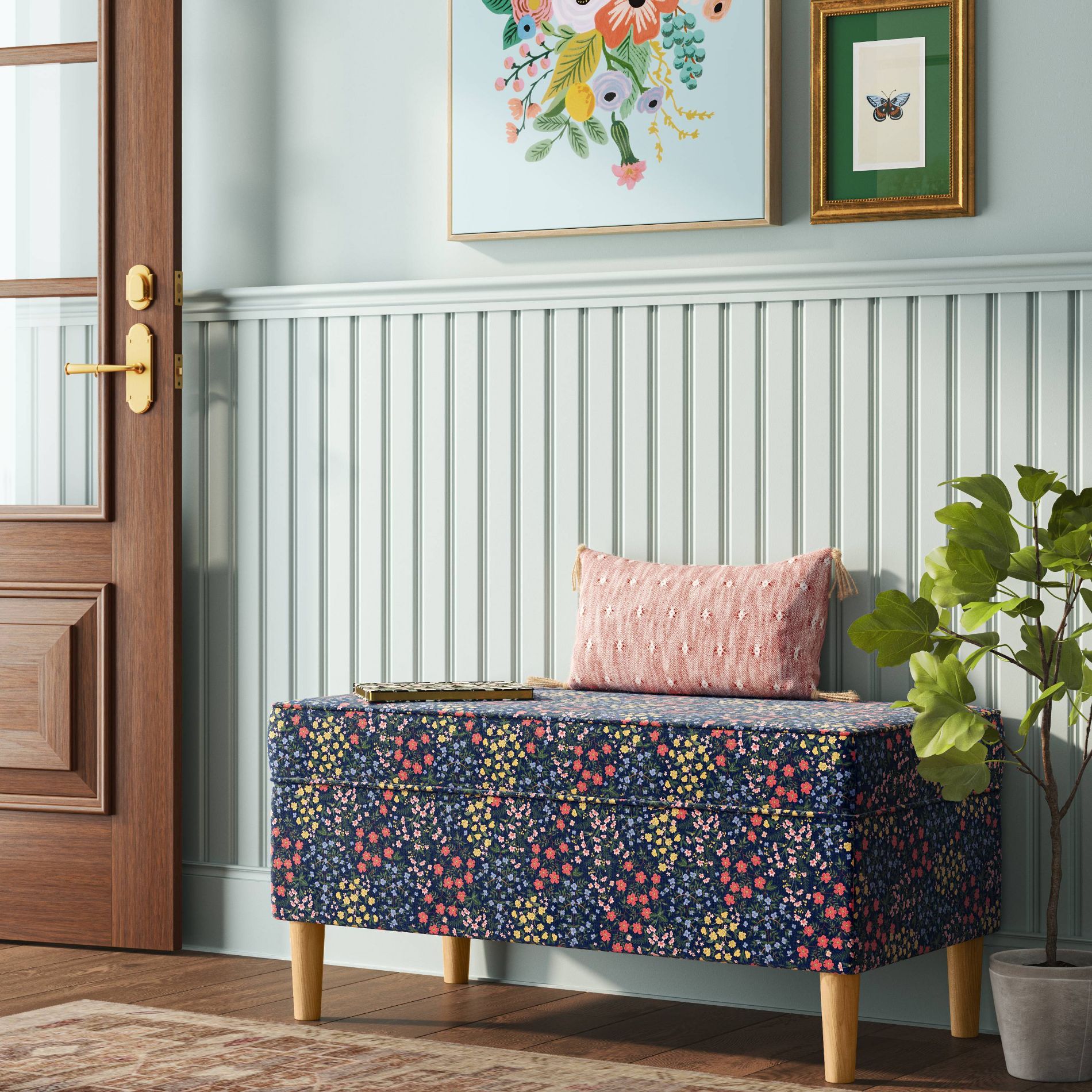 Rifle Paper Co. x Target Storage Bench Mayfair: Wood Frame, Floral Upholstered, No Assembly Required