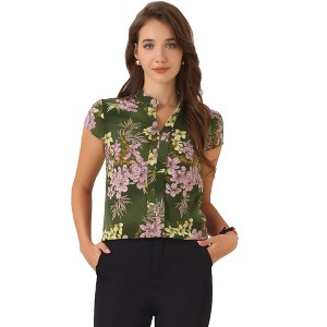 INSPIRE CHIC Women's Satin Stand Collar Work Cap Sleeve Floral Blouse - 1 of 4