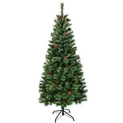 Costway 6 ft Premium Hinged Artificial Christmas Tree Mixed Pine Needles w/ Pine Cones