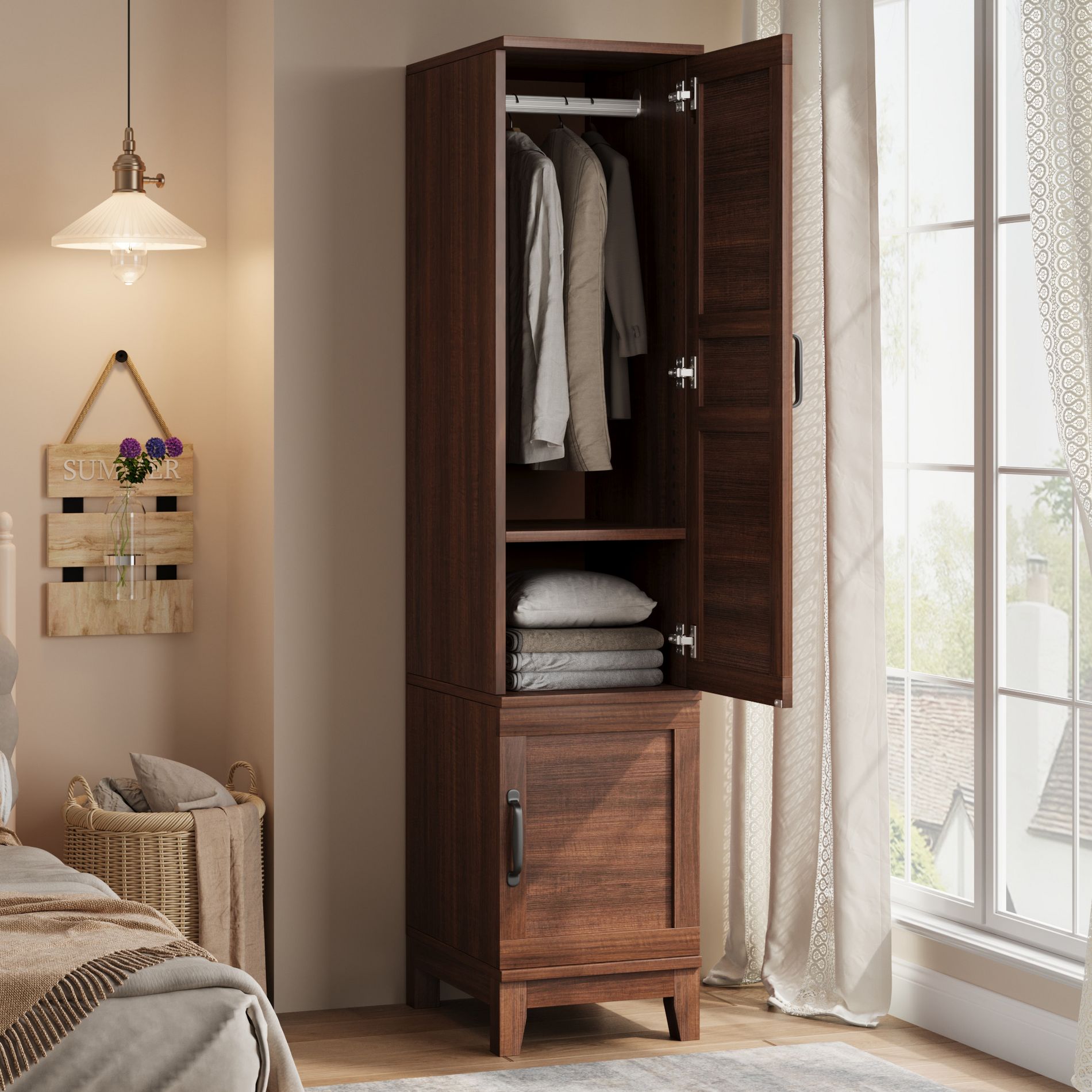 Garvee Armoire Wardrobe Closet with 2 Doors,72" Wooden Wardrobe Cabinet with Hanging Rod, Narrow Tall Armoire with 18 Adjustable Shelves for Bedroom