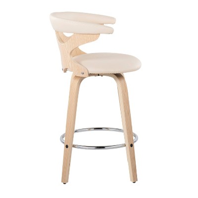 Mid-Century Modern Swivel Counter Stool in Natural Wood & Cream