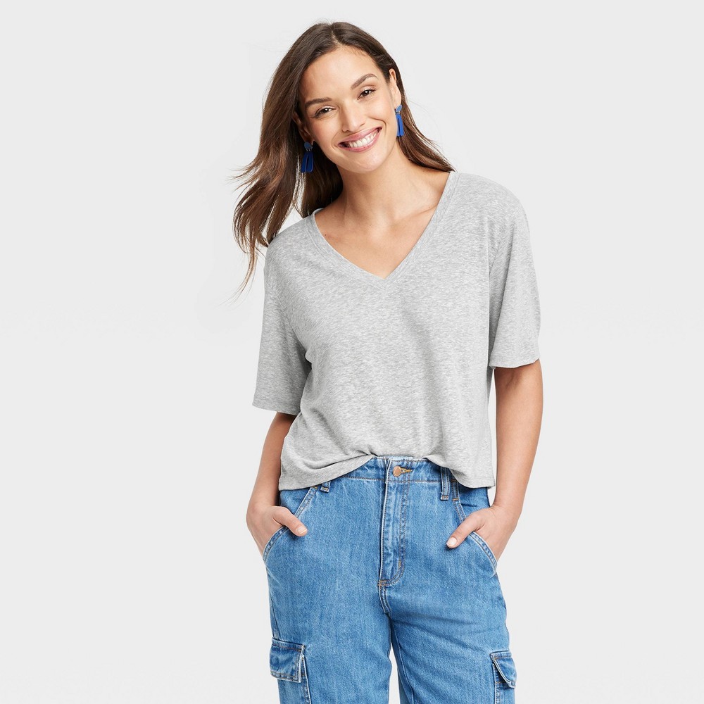 Women's Linen Boxy V-Neck Short Sleeve T-Shirt - Universal Thread Gray Large 