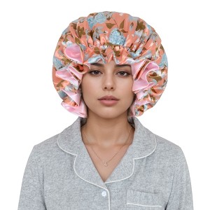 Anna-Kaci Satin Lined Print Bonnet Large Ruffled Edge Adjustable Sleep Cap for Natural Hair Protection - 1 of 4