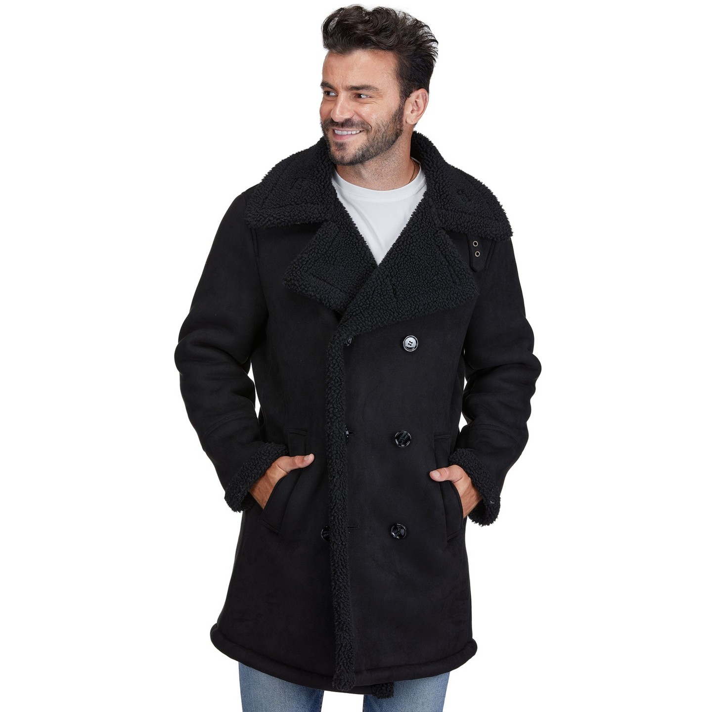 Мужское пальто Braveman Faux Shearling Double Breasted Overcoat, Brown, Small, цвет: Чёрный — фото 1