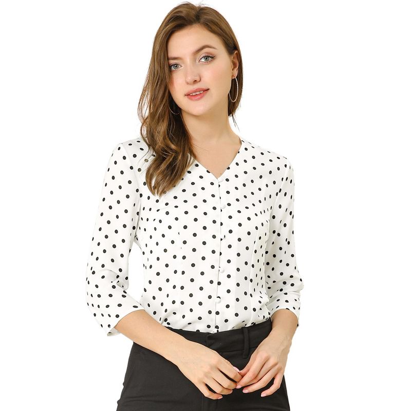Allegra K Women's Polka Dots 3/4 Sleeve Casual Button Front Shirt, 1 of 8