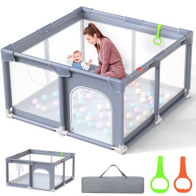 Skirfy Baby Playpen, 50 x 50 in, Non-Slip Base, Soft Mesh Sides, 2 Pull-up Rings, Carry Bag