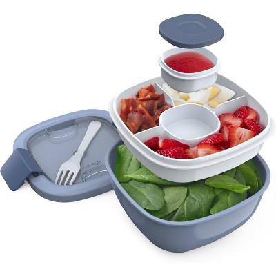 54 oz Bowl with 4-Compartment Toppings Tray, Leak-Proof Dressing Container, Reusable Fork, BPA-Free Lunch Box for Meal Prep