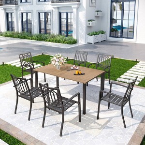 7pc Patio Dining Set with Rectangular Faux Wood Table with Umbrella Hole & Chairs - Captiva Designs: Weather-Resistant, Steel Frame - 1 of 4