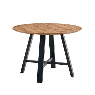 Maliang 42'' Modern Minimalist Round Dining Table, Deep Wood Grain Table Top, Black Metal Legs For Home and Office