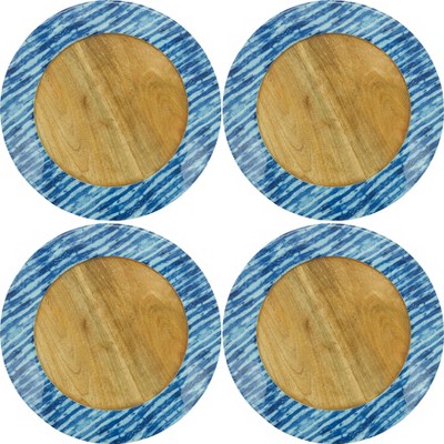 Blue Stripe Rim Mango Wood Table Chargers, Set of 4