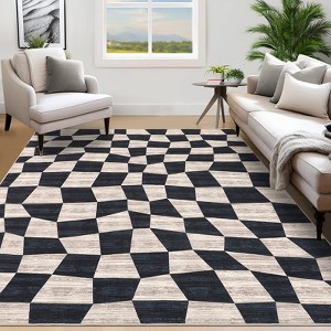Washable Modern Checkered Area Rug | Stain Resistant Soft Geometric Throw Rug | Non-Slip Low Pile Accent Carpet for Living Room, Dining, Nursery - 1 of 4