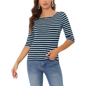INSPIRE CHIC Women's Stripes Casual Basic Elbow Sleeves Boat Neck Slim Fit T-Shirts - 1 of 4
