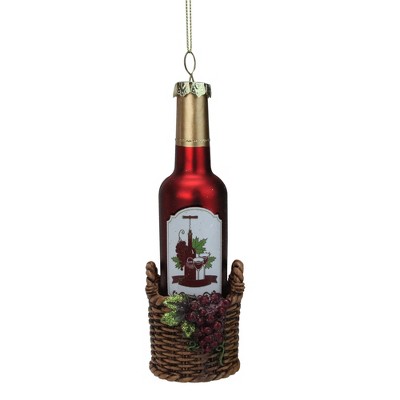 Northlight 6.25" Red and Gold Wine Bottle in Basket Christmas Ornament