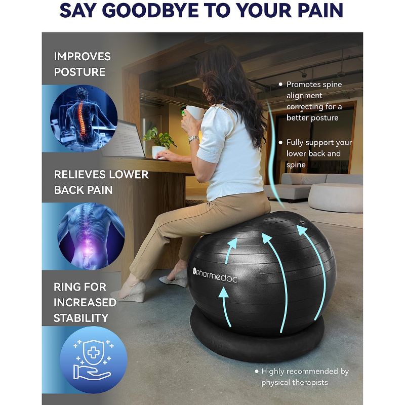 Pharmedoc Yoga Ball Chair - Exercise Ball Chair with Base & Bands for Home Gym Workout, 3 of 8