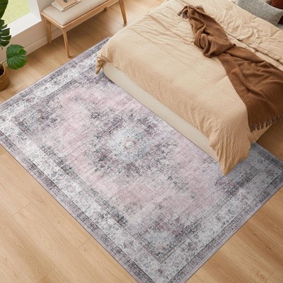 Area Rug Washable Medallion Rug Non Slip Non Shedding Traditional Floor Carpet Foldable Low Pile Thin Soft Distressed Accent Rug for Living Room