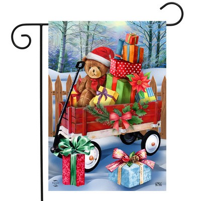 Christmas Teddy Bear Wagon Garden Flag in Multicolor Polyester