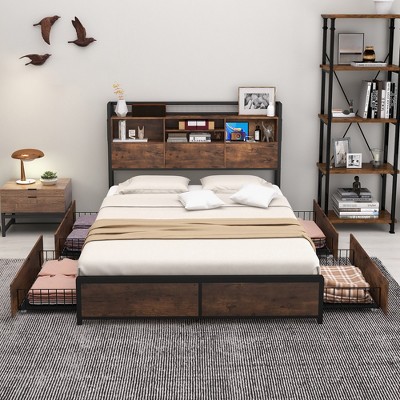 Queen Size Vintage Brown Bed Frame with Bookcase Headboard and Storage Drawers