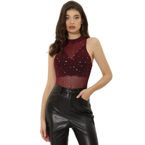 SHEIN Mock-neck Star Glitter Mesh Top Without Bra