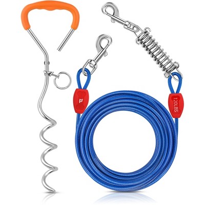 Petbobi Dog Tie-Out Cable and Stake - 30FT Spring Heavy Duty Cable - 16-inch Ground Stake for Medium to Large Dogs Up to 120 lbs, Blue