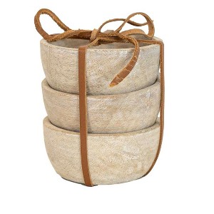Set of 3 Whitewash Wood Pinch Bowls with Leather Tie - 1 of 4