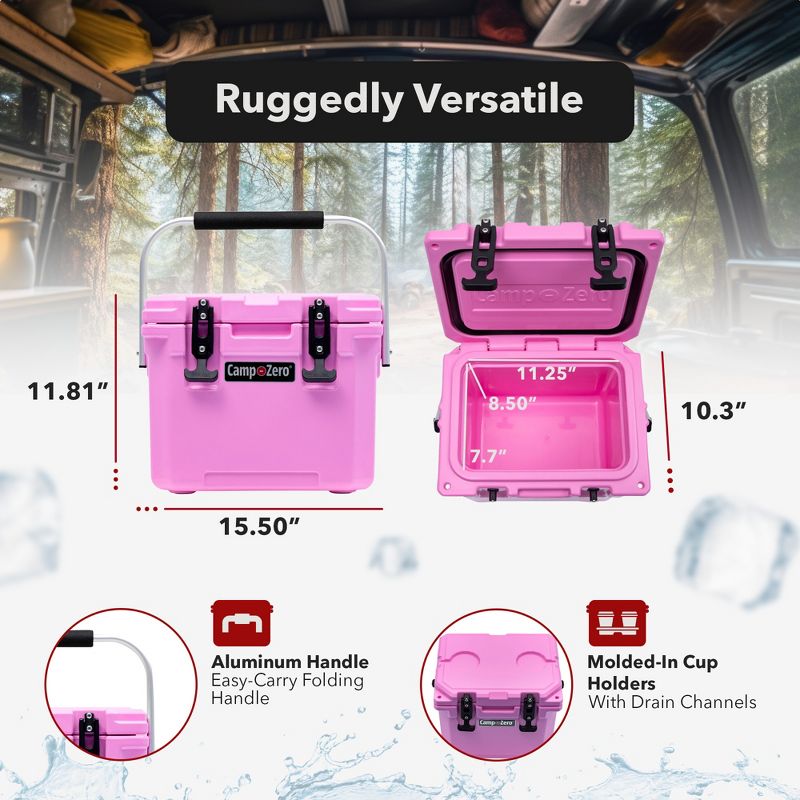 CAMP-ZERO 10 Liter 10.6 Quart Lidded Cooler with 2 Molded In Cup Holders, Folding Aluminum Handle Grip, and Locking System, Pink, 4 of 8