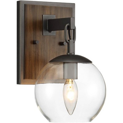 Possini Euro Design Industrial Wall Light Sconce Gunmetal Wood Finish Hardwired 10" High Clear Glass Globe for Bedroom Bathroom