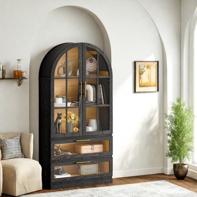FONTOI Arched Shaped Storage Cabinet with Covered Top, 3-Tier Arched Bookcase with 2 Drawers, Black&Brown, 15.7"*72.8"*35"