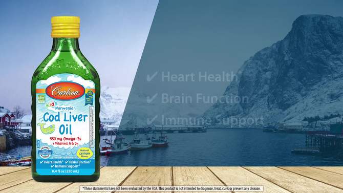 Carlson - Kid's Cod Liver Oil, 550 mg Omega-3s + A & D3, Norwegian, Wild Caught, Sustainably Sourced, Lemon, 2 of 5, play video