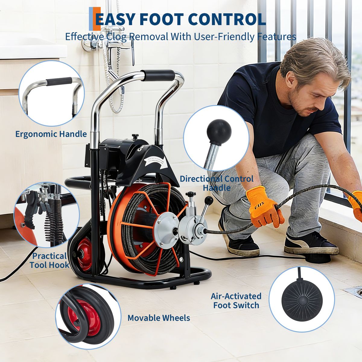 100FT x 1/2 Inch Electric Drain Cleaning Machine, 450W Auto Feed Sewer Snake with 10 Cutters and Foot Switch, Carbon Steel, Ships in 2 Boxes - thumbnail 5
