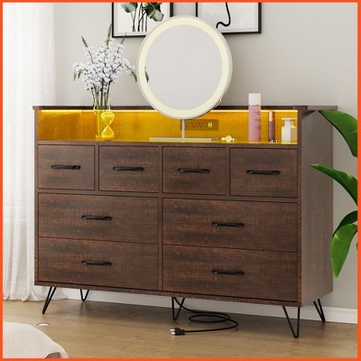 Homhougo Dresser for Bedroom with LED Light & Charging Station, 8 Drawers Wooden Dressers with Open Space Antique Dark Color