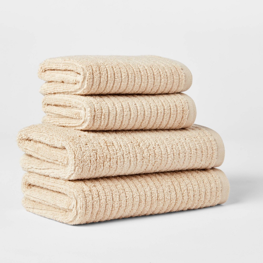 4pk Quick Dry Ribbed Hand/Wash Towel Set Tan - Threshold