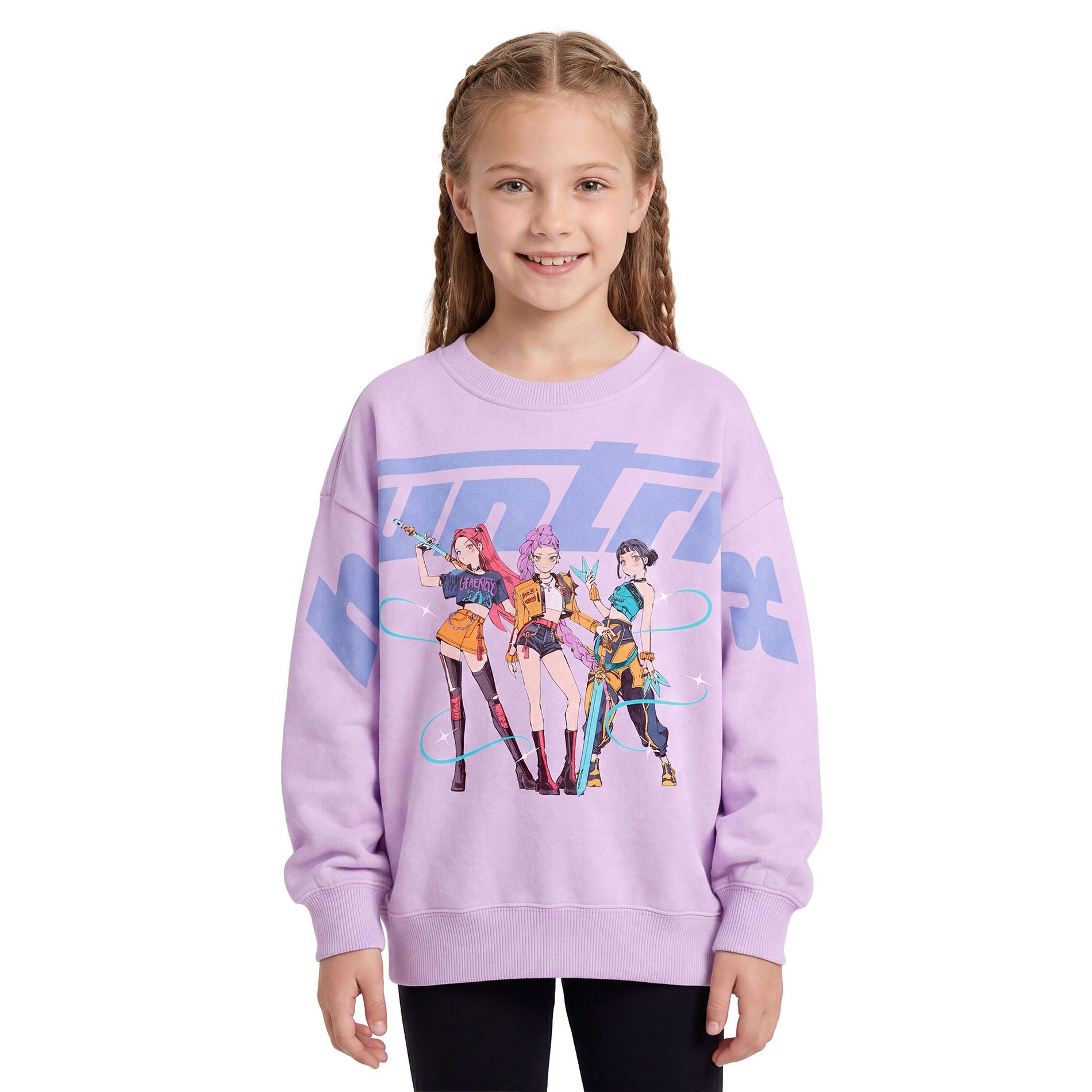 Kpop Demon Hunters Girls' Huntrix Anime Groupshot Fleece Pullover Crew Sweatshirt